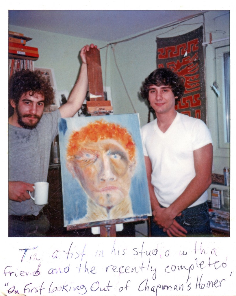 The artist in his studio with a friend and the recently completed "On first looking out of Chapman's Homer"